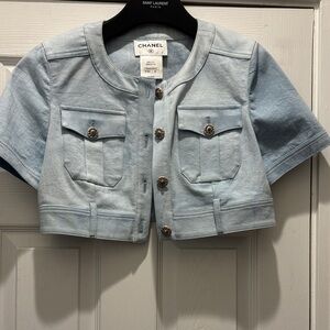 Chanel Denim Crop Shrug Jacket in Soft light wash Blue tie dye runway RARE sz 40